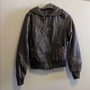 Brown leather jacket with hood